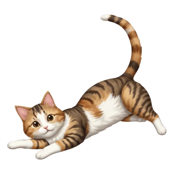 brown tabby and white cat with doing a big extremely long stretch reaching up into the air with arms and legs side by side together straight and overextended whilst lying on its side sticker
