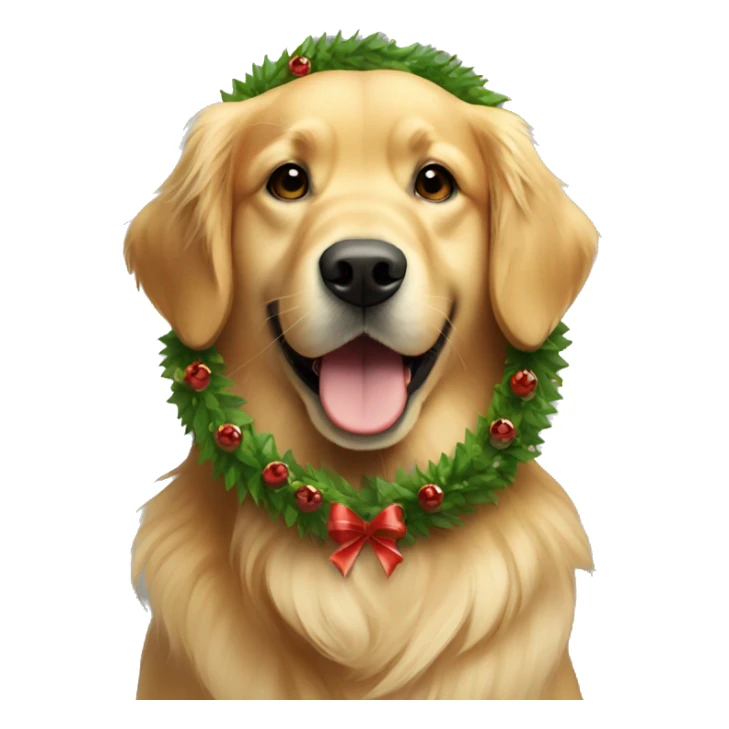 Golden retriever wearing a Christmas wreath around neck sticker
