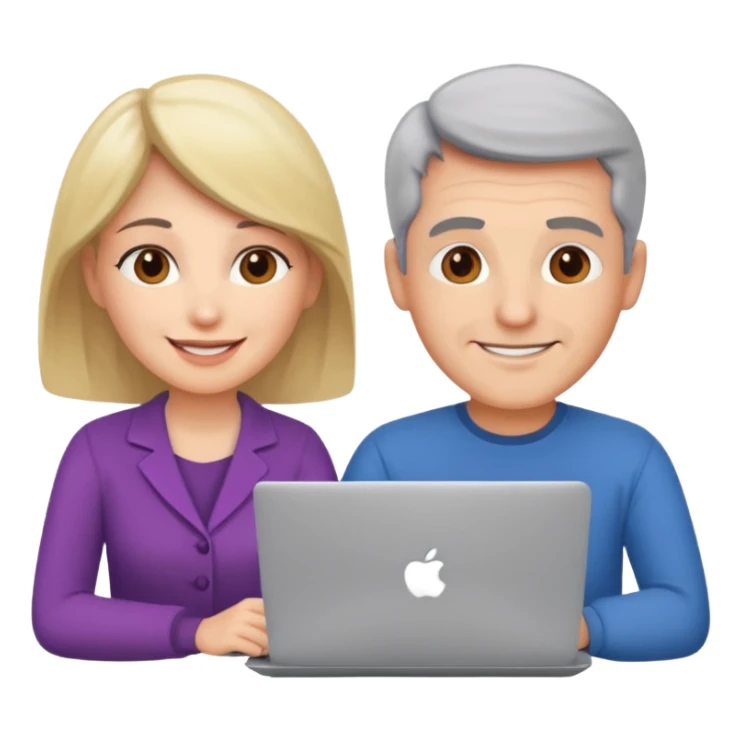 a middle aged man and a womanlooking at laptop and writing and smiling sticker