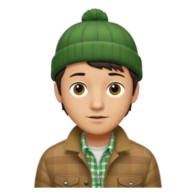 young man with longish black Beatle haircut, brown eyes, tan complexion, green beenie hat, tan jacket, checked shirt , pork chop sideburns sticker