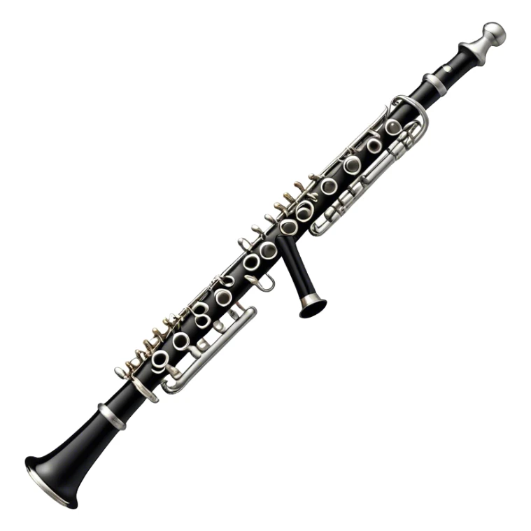 Create a sleek and professional emoji representing a black standard clarinet. The design should feature a smooth, glossy black body of the clarinet with shiny, silver keys clearly visible. Highlight the intricate details of the mouthpiece and reed at the top, while the body of the instrument should remain simple and elegant. Add subtle musical notes or soundwaves floating around the instrument to symbolize its clear, melodic sound. Use black for the body, silver for the keys, and soft lighting effects to give the instrument a polished, sophisticated look. The background should be transparent. sticker