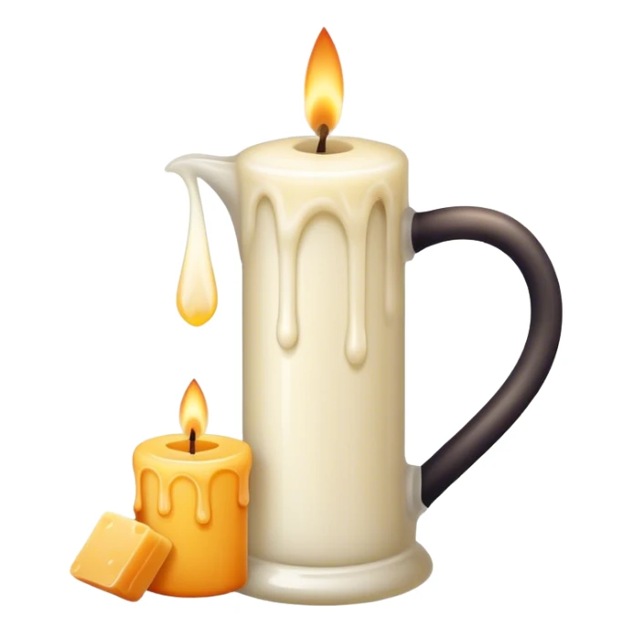 Candle making icon, candle with a wick, melting wax, wax blocks, candle mold, pouring jug, minimalistic style, clean lines, transparent background. sticker