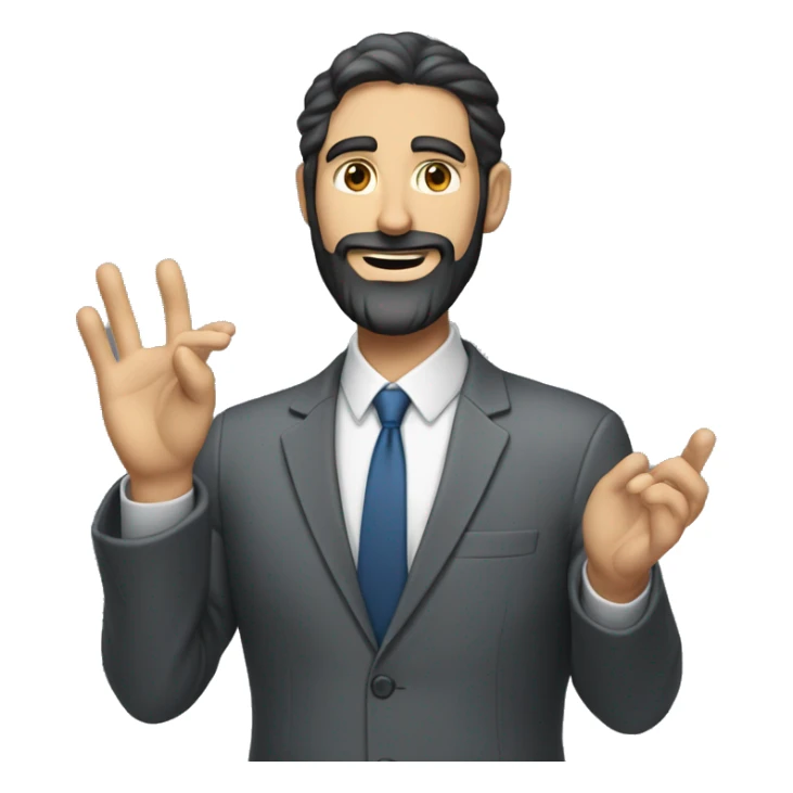 white man in a gey suit short dark beard doing hand gestures in a presenttion sticker