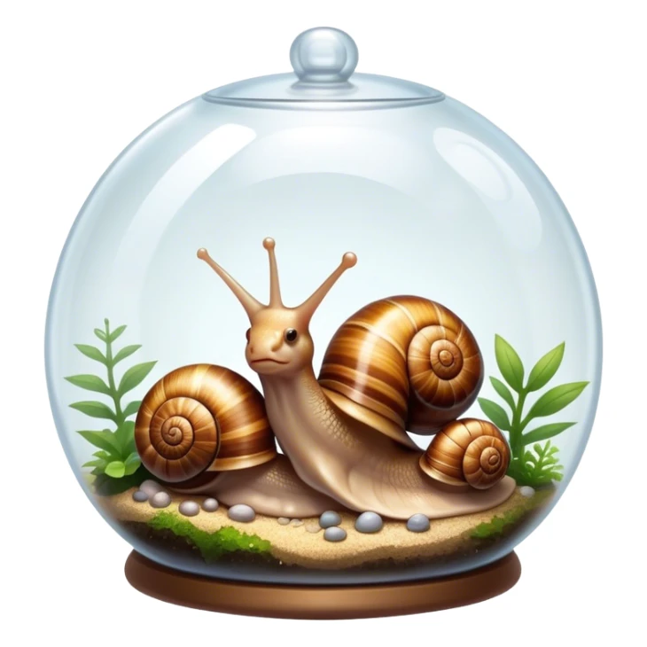 Close-up of large home snails inside a terrarium, showcasing their soft, spiral shells and glistening bodies, with a gentle light highlighting their details. Transparent background. sticker