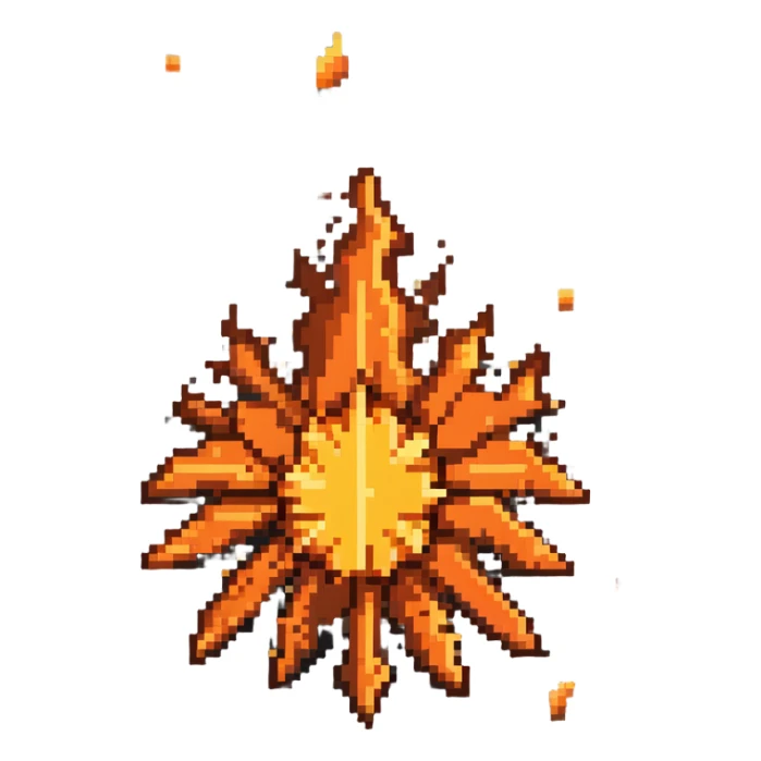 Industrial metal wall explosion tile, slate colored (#334155) metal fragments and debris flying from center, bright orange and yellow flames, metallic sheen on fragments, rivets visible on some pieces, pixel art style sticker