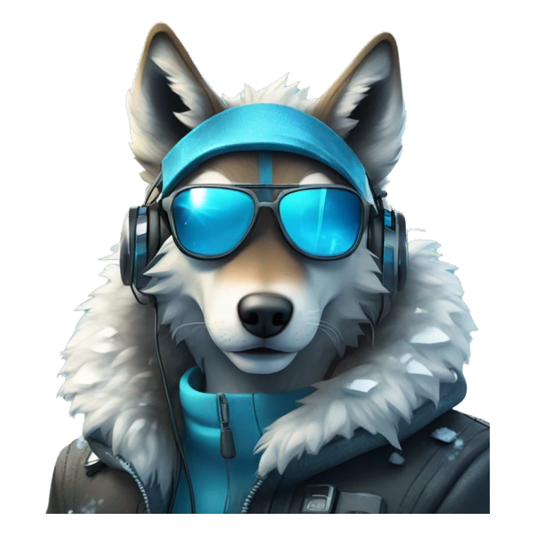 A beautiful cyberpunk Wolf on blue ice and snow around wearing sunglass and headphones sticker