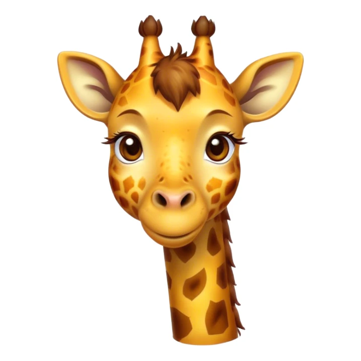 Cinematic Cute Giraffe Portrait Emoji, Head tilted playfully and inquisitively, featuring a glossy, patterned Fur of warm yellows and browns with delicate white spots, round, sparkling eyes filled with curious wonder, Simplified yet irresistibly adorable features, highly detailed, glowing with a warm, friendly glow, high shine, affectionate and gentle, stylized with a touch of savannah whimsy, bright and endearing, soft glowing outline, capturing the essence of a mischievous yet loving giraffe, so playful it feels like it could gallop out of the screen and into your arms! sticker