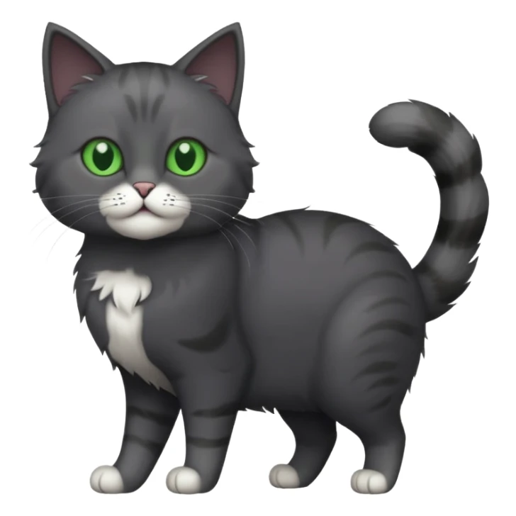 full body gorgeous solid dark grey cat with green eyes, white paws playing sticker