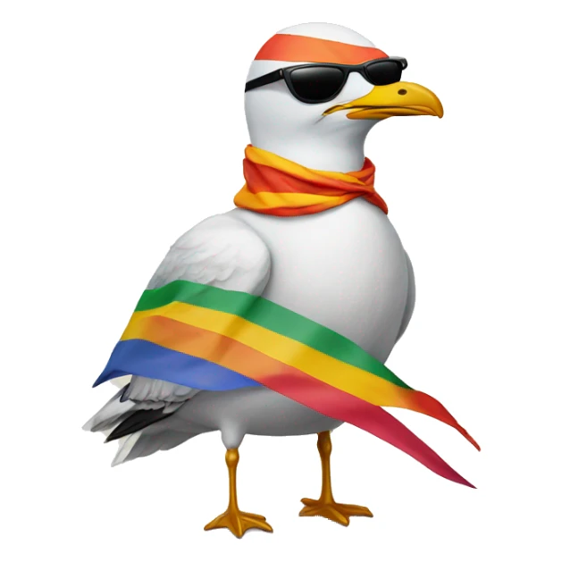 a seagull wearing a lesbian flag as a cape and also wearing sunlases sticker