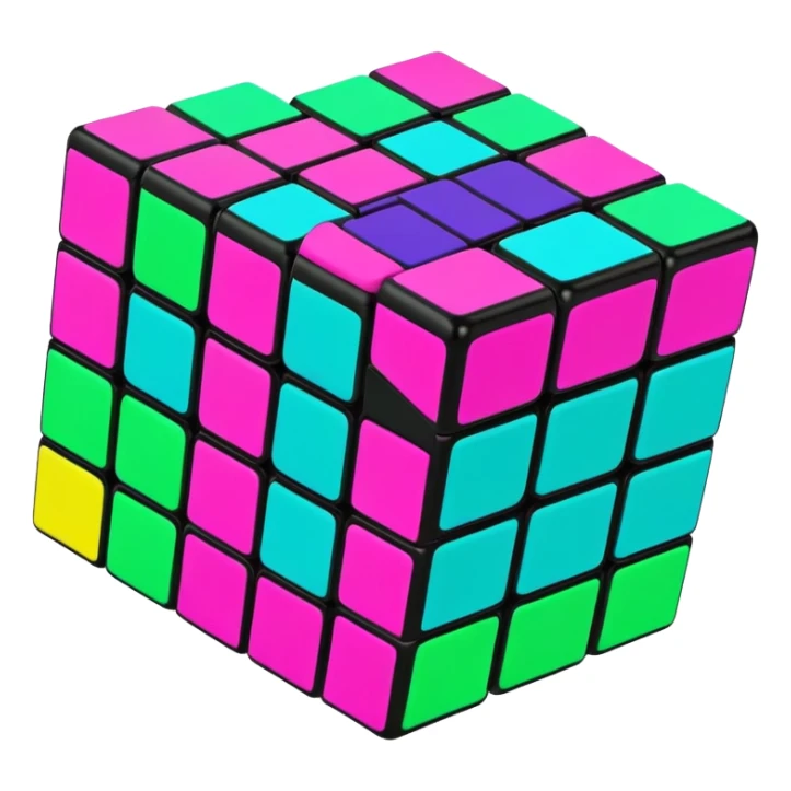 A 3x3 Rubik's Cube in mid-turn, showing movement, with vibrant 90s American colors like neon green, purple, turquoise and hot pink sticker