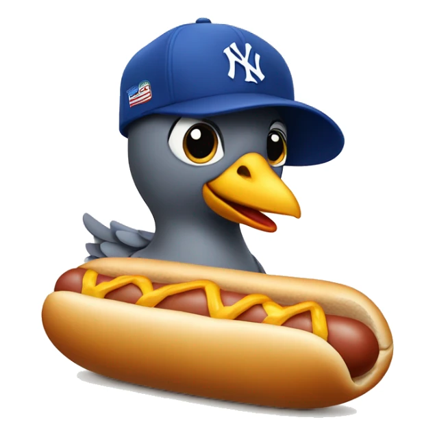 pigeon wearing a blue New York yankee hat while standing on a hotdog sticker
