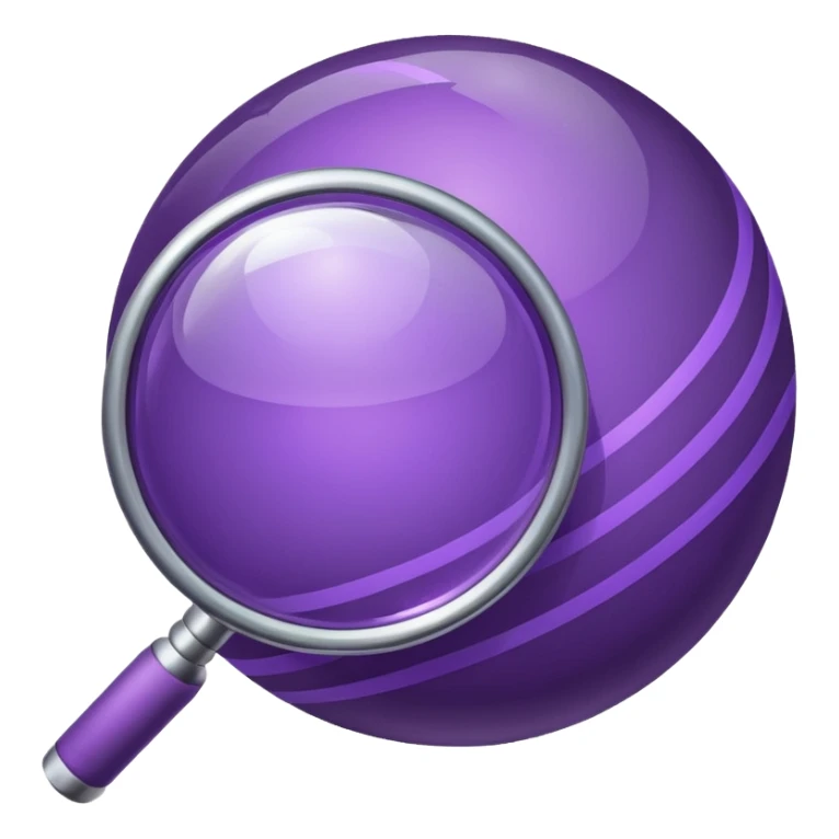 Minimal purple icon: a planet with connecting lines and a magnifying glass. Glossy, transparent background. sticker