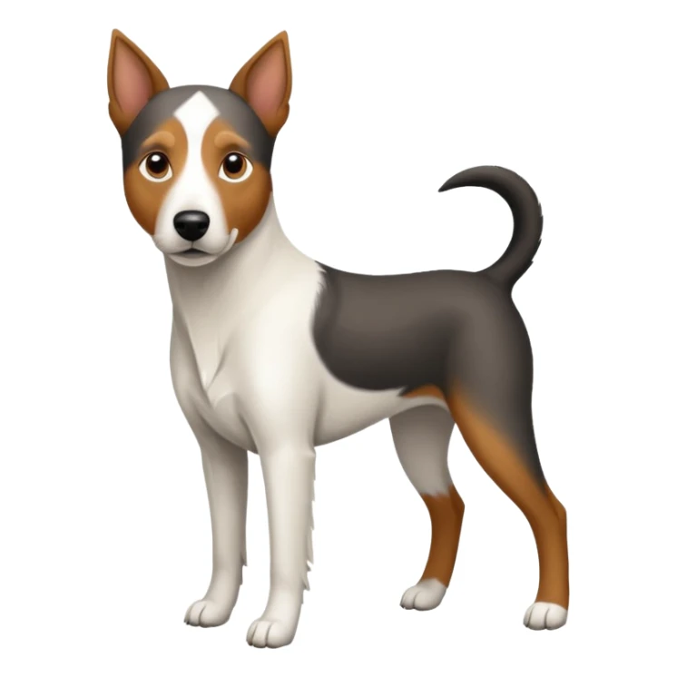a full body large white parson russell looking dog the size of a kelpie with light brown ears and a light brown patch on one eye and a large snout sticker