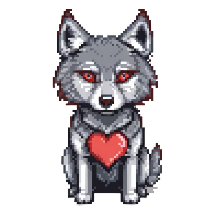 black and red wolf with heart-shaped eyes pixel art sticker