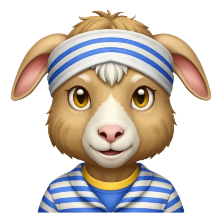 a goat with yellow sleep mask and wearing shirt sticker