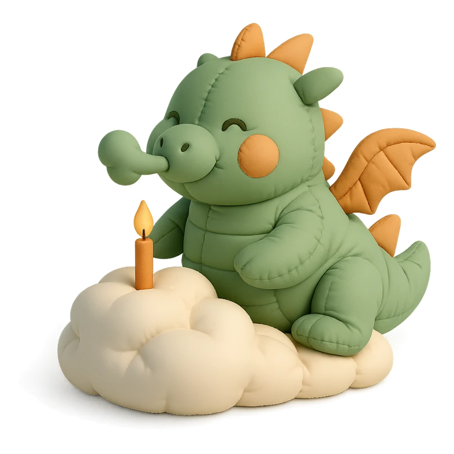 happy dragon blowing out 1 candle on cloud cake, cushion style sticker