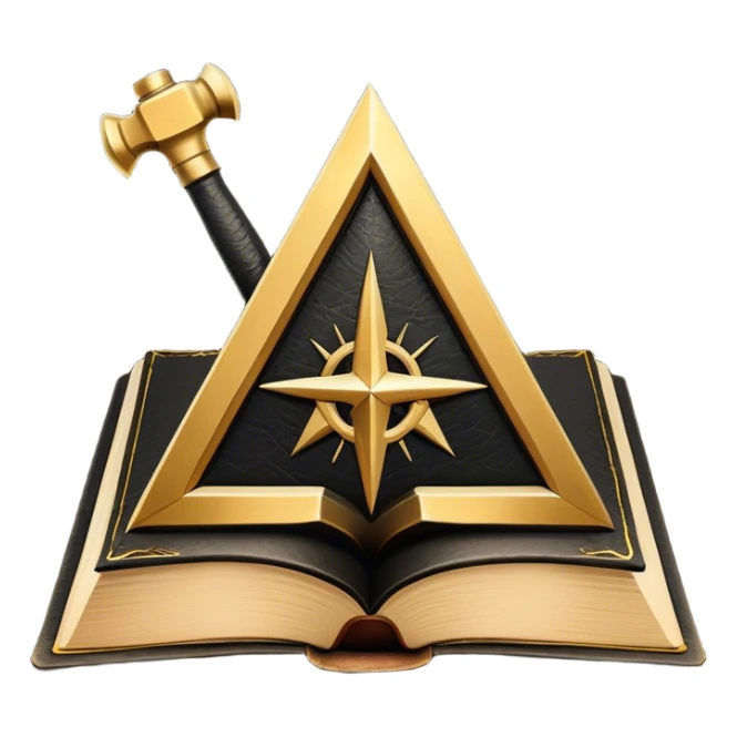 A black and gold book with an aged leather texture, embossed with an alchemical symbol, a compass, or a forging hammer, exuding wisdom, mastery, and the relentless pursuit of greatness. - book on mastery ... silhouette of a triangle  sticker