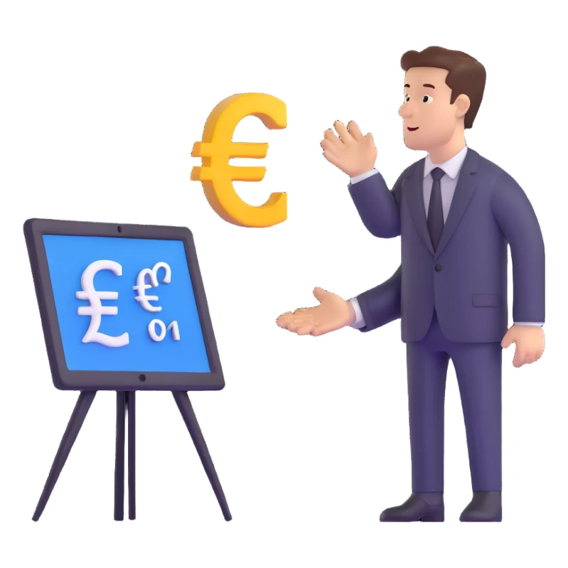 business analyst studying price data with euro symbol € on screen sticker