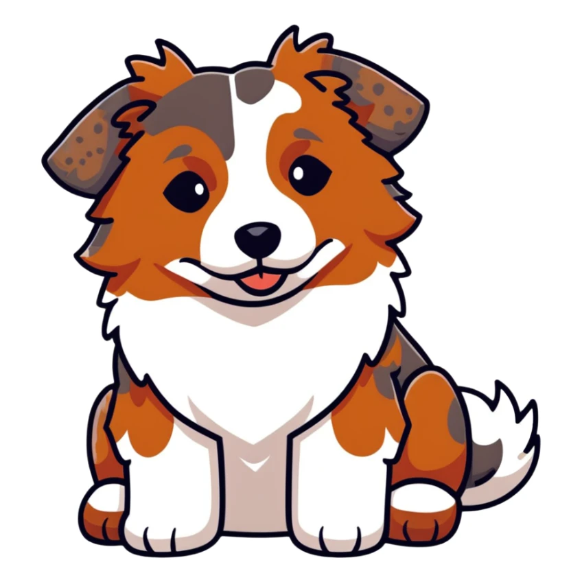 Red merle Australian Shepherd dog laying down, reddish-brown and white spotted coat, fluffy fur sticker