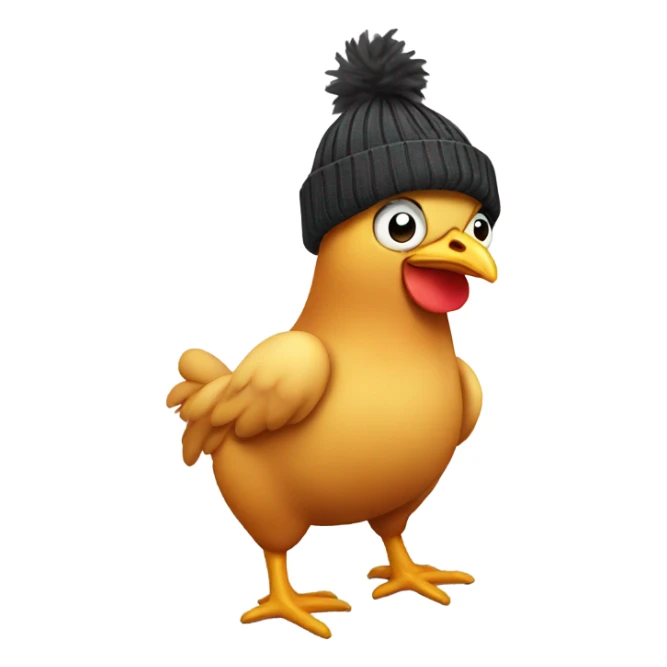 Chicken wearing underwear with a beanie sticker
