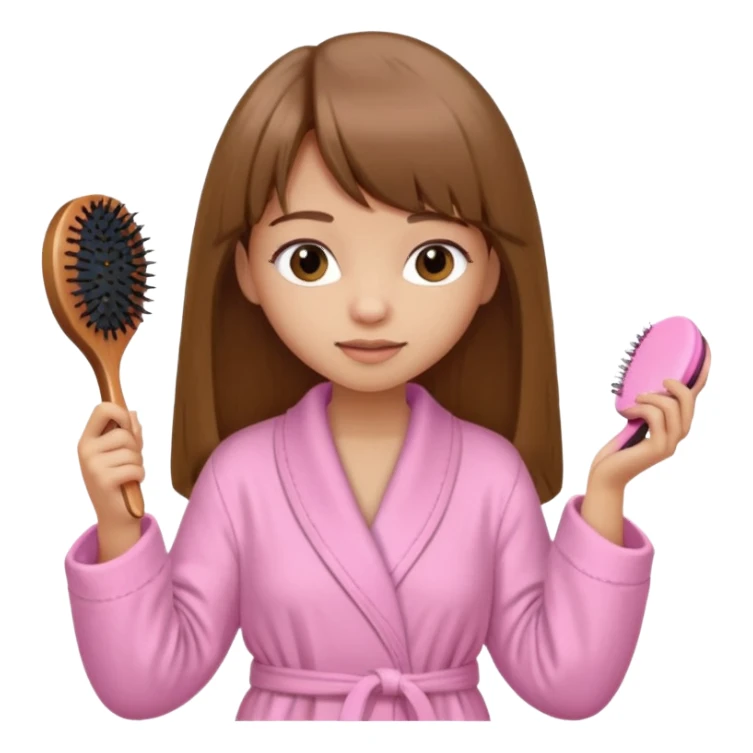 a girl with light skin and medium brown long hair with bangs who is brushing her hair with a hairbrush and she is wearing a light pink bathrobe sticker