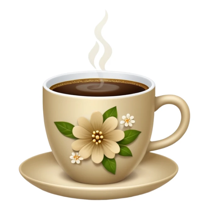 Cinematic Realistic sophisticated cup filled with khaki coffee with flower ornament sticker