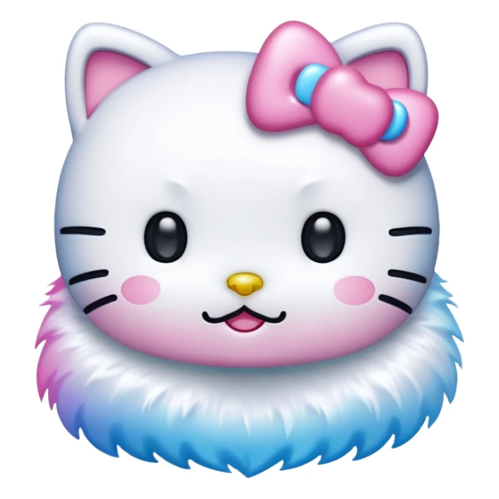 Hello Kitty with pure white fur, sparkling glitter, pink and blue gradient background, emoji style sticker