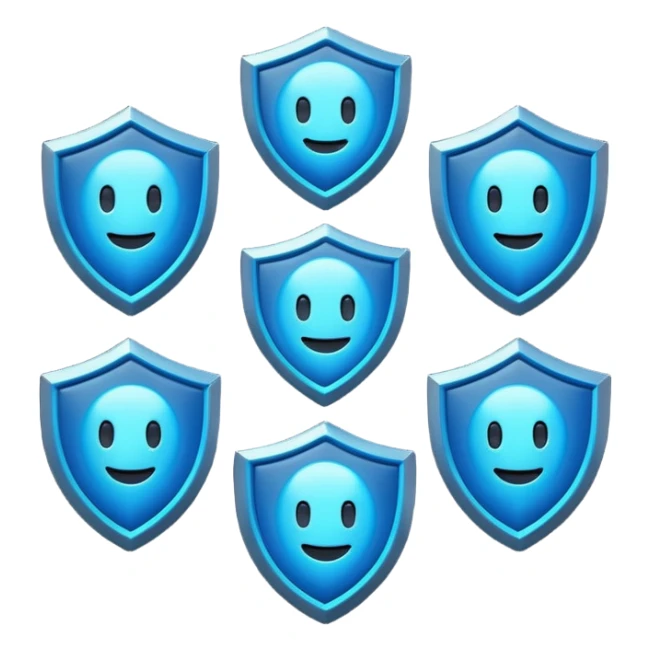 Futuristic glowing blue emoji badge set for the brand name “DRAEV” — includes shield, checkmark, camera, briefcase, verified tick, bot face, and rocket. Neon blue glow, dark gradient background, cyber aesthetic, 3D soft lighting, premium tech style. sticker