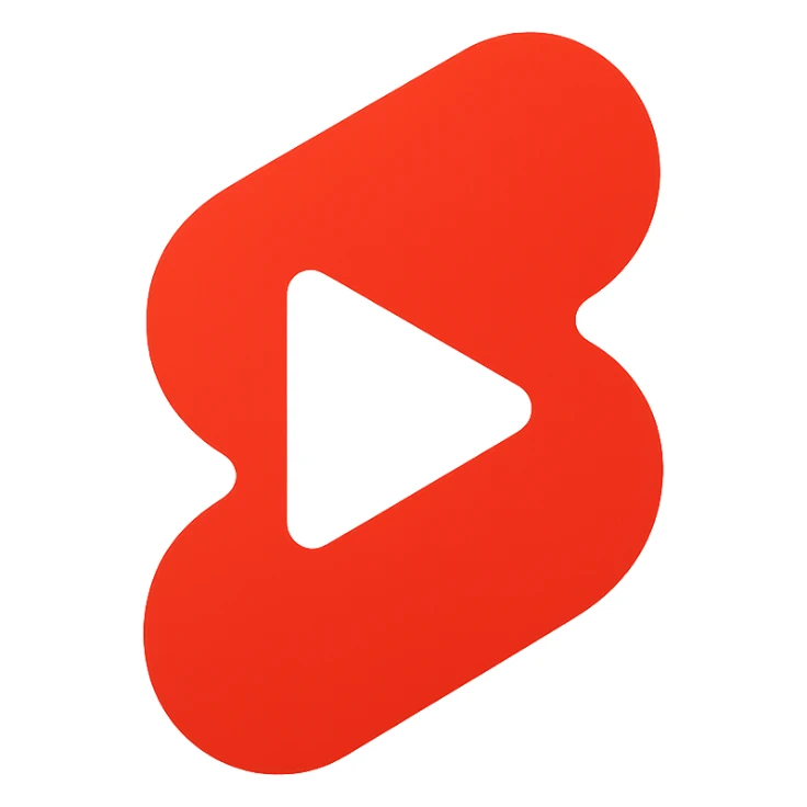 Modern minimalist logo inspired by YouTube Shorts but clearly distinct. Abstract red and white shapes on a white background. No text. Design a dynamic, playful symbol using rounded geometric forms, slightly resembling a play button or a film strip, but reimagined with a unique twist. Must look tech-oriented, simple, and brandable sticker