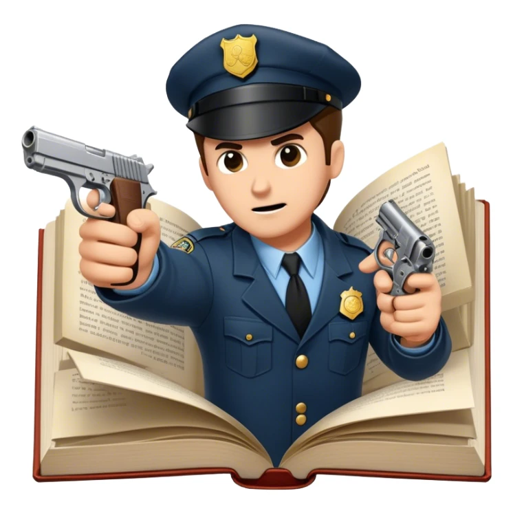 Icon for Action & Crime Reading: an open book with action-packed scenes, featuring a gun, handcuffs, a detective's badge. The icon should capture the tension and excitement of crime and action stories. Transparent background. sticker