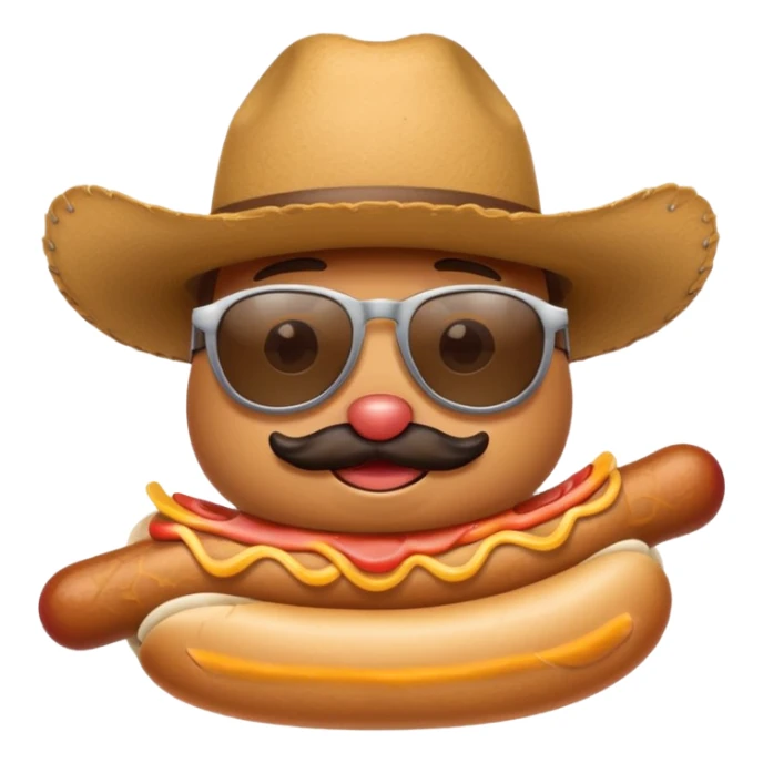 A hotdog with sunglasses and a cowboy hat sticker