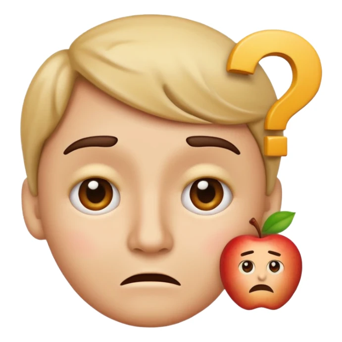 Apple-style emoji of a face with a question mark above the head, raised eyebrows, and a small frown representing 고민 (confused worry) sticker