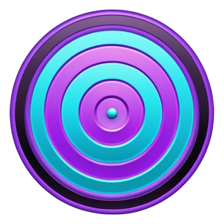 Flat bullseye target emoji, 2D icon, concentric rings, neon purple and cyan holographic glow, dark background, digital tech style, abstract sparkles, no depth, no face sticker