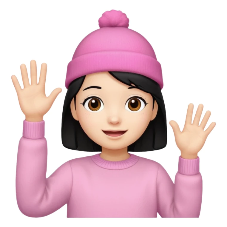 Kid in pink hat and jumper waving, blakc hair sticker