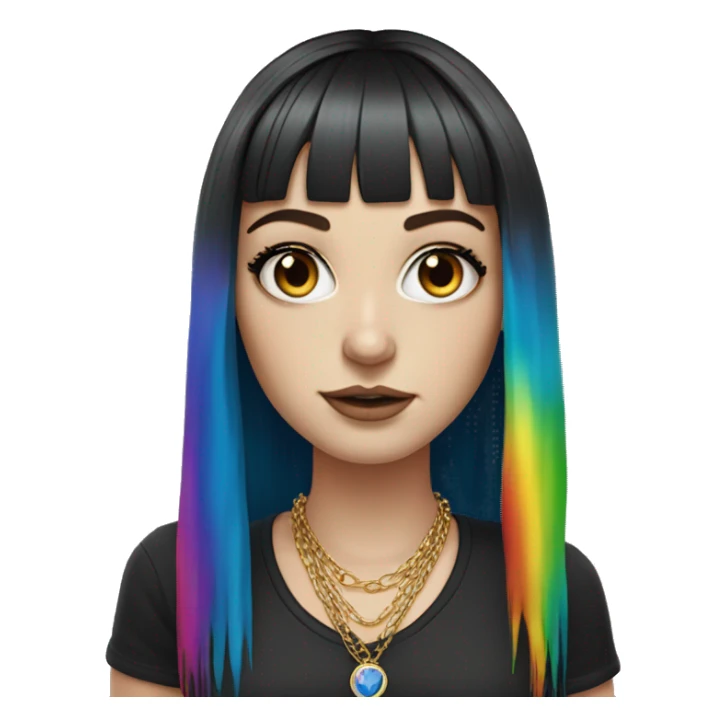 Hyperrealistic white girl with blue eyes and long black hair with rainbow fringe. Wearing gold chain necklace has dark eye makeup on her eyes sticker