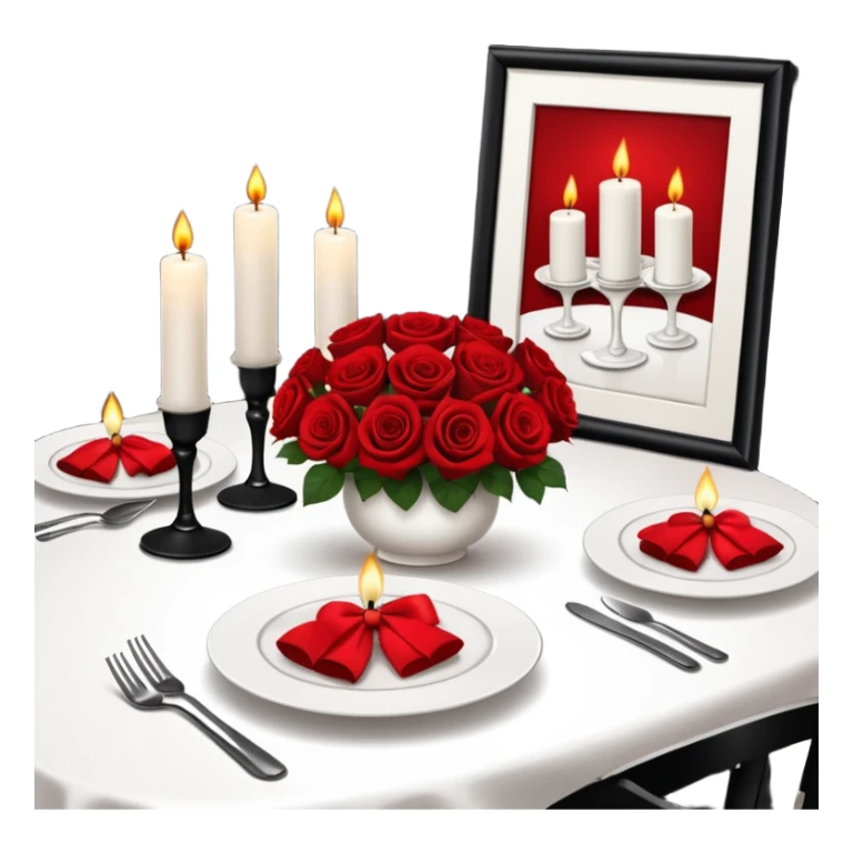 a chic restaurant, on the table there is a set of beautiful white dishes, candles are burning, next to it there is a bouquet of roses sticker