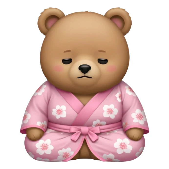 A cute chubby light-brown bear wearing a pastel pink sakura-patterned kimono, body and round head, adorable simple face, sleepy half-closed eyes, small blush on cheeks, sitting while dozing off, tiny “zzz” floating above the head sticker