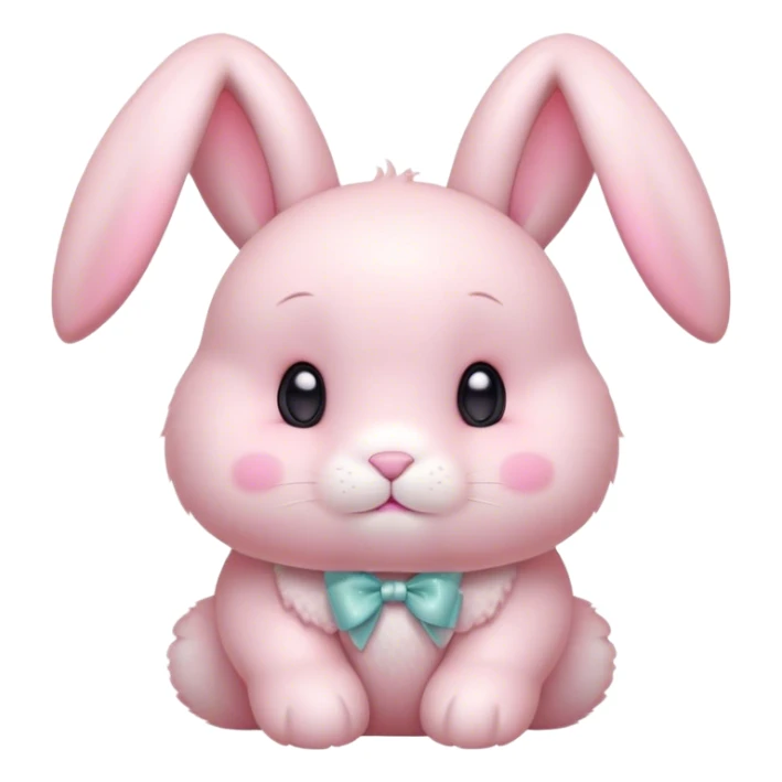 Cinematic adorable pastel pink bunny, chubby cheeks, tiny paws, sparkling round eyes, soft fur with a gentle glow, slightly tilted head, wearing a tiny bow, irresistibly cute and heartwarming. sticker