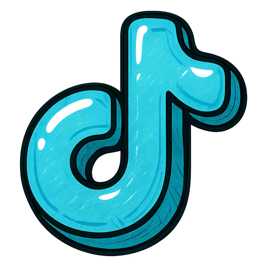 rounded inflated blue TikTok logo with clear black outlines, dimensional shadows, glossy highlights, playful juicy outlined style, no background, just blue symbol sticker