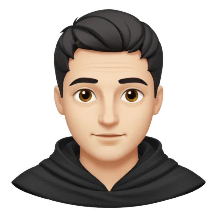 A handsome man with fair complexion. masculine, roman, slightly crooked nose. Thick triangular eyebrows. Hooded eyes and black pupils.  smily lips with a heavy top lid.  Jinu haircut sticker