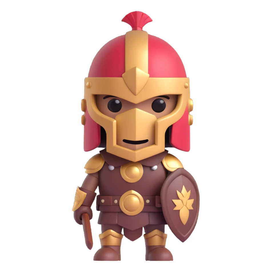 arabica coffee bean in 3D style with gladiator helmet and armor, heroic expression, 7x4 cm proportion sticker
