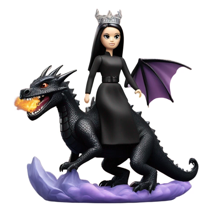 evening dressed, Wednesday Addams Barbie Jedi wearing a tiara, riding on the back of a very large black shiny evil-looking fire-spewing horned dragon sticker