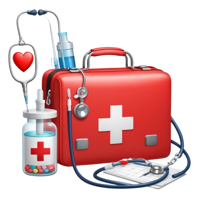 An icon featuring a medical bag with a red cross, a stethoscope, and a syringe, symbolizing medicine. The design includes pills, a heart monitor, and a clipboard with patient notes, representing healthcare, diagnostics, and treatment. Transparent background highlights the science of medicine. sticker