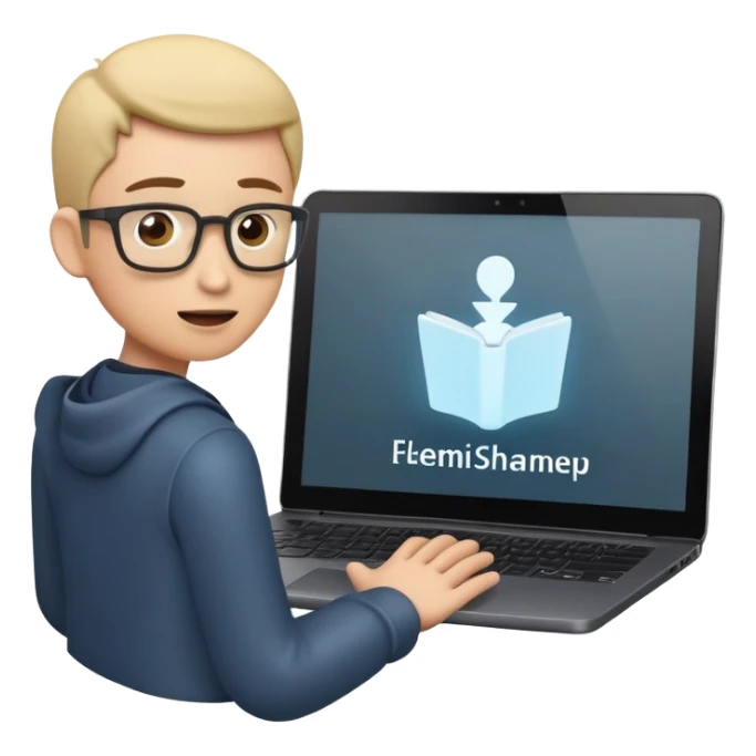 A dark-colored laptop with the screen open. From the screen, a person is emerging, giving a lecture or teaching. The person should look expressive and in a teaching pose. Soft shadows, semi-3D emoji style, clean background. sticker