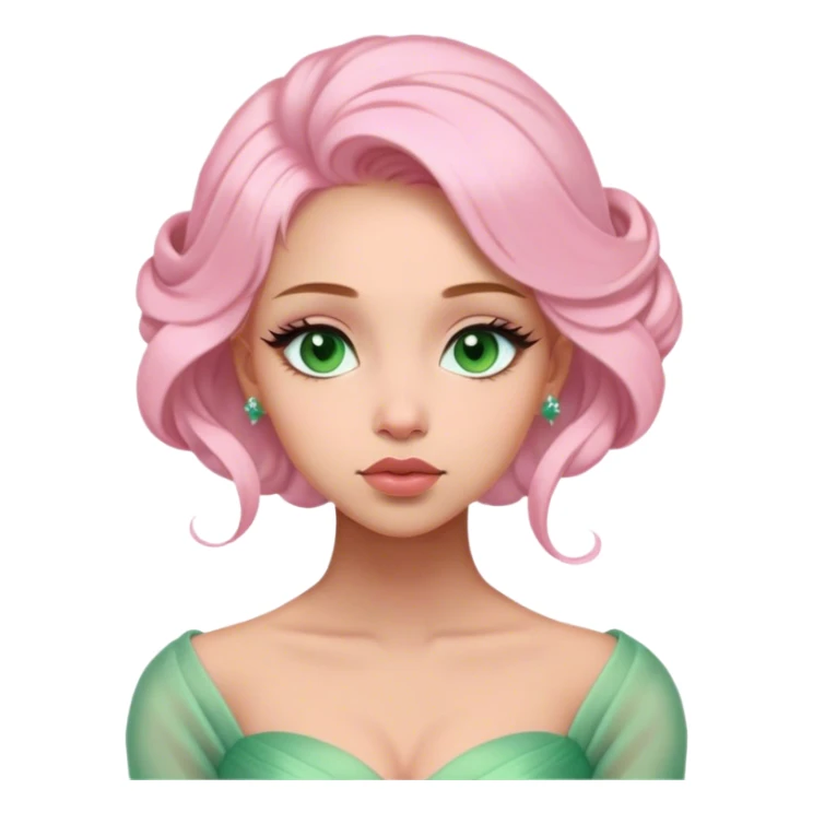 Cinematic Elegant Mulan Portrait Emoji, Dressed in her delicate green matchmaker gown, soft pink makeup, hair pinned perfectly, looking wistful yet radiant, eyes reflecting the depth of her spirit, capturing both her beauty and inner strength! sticker
