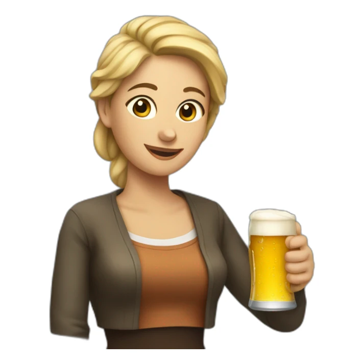 a woman holding a beer sticker