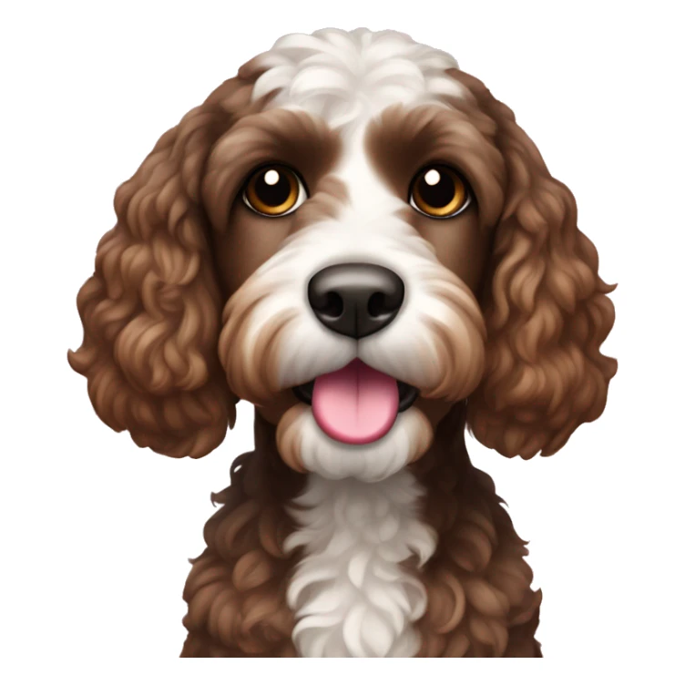 Cockapoo with dark brown and white face and pink nose sticker