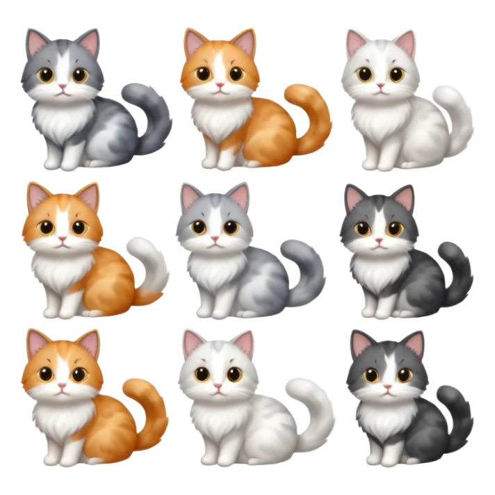 6 realistic looking cats with different natural coloured coats, assorted grey and white, greys, calicos etc
 sticker