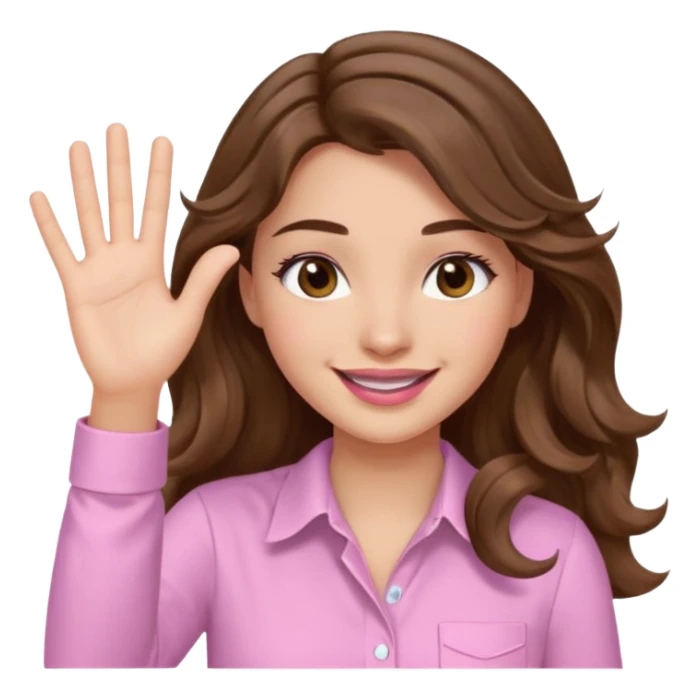 girl with wavy long brown hair, brown eyes, light to medium complexion, long lashes, light pink lipstick, smiling, wearing light pink shirt, slapping sticker