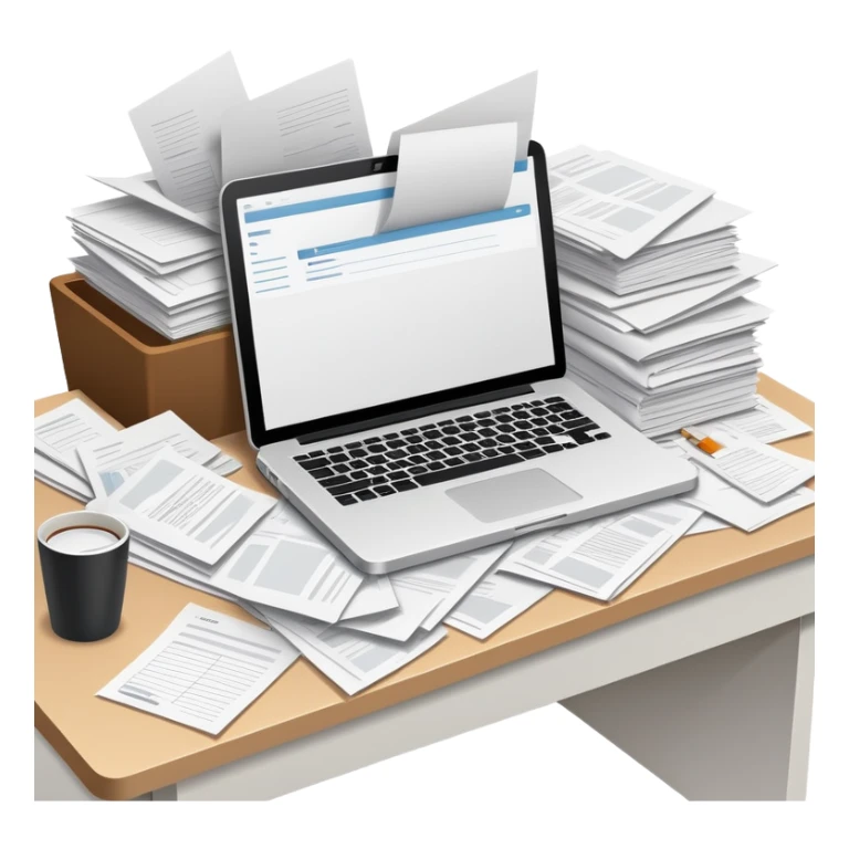 minimalist desk cluttered with papers spilling over, symbolizing overwhelming admin workload sticker